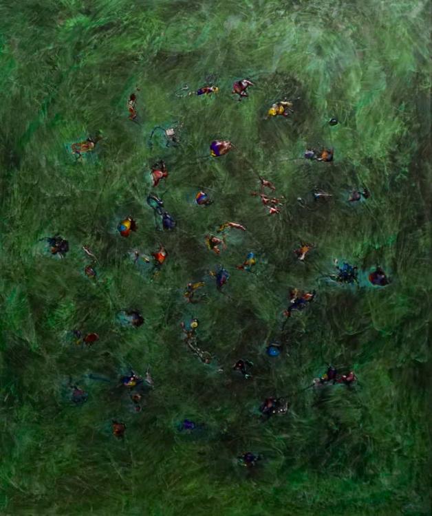 Sinapsys on a Green Field, 2016 - vinile e materiali vari, 120 x 100 cm